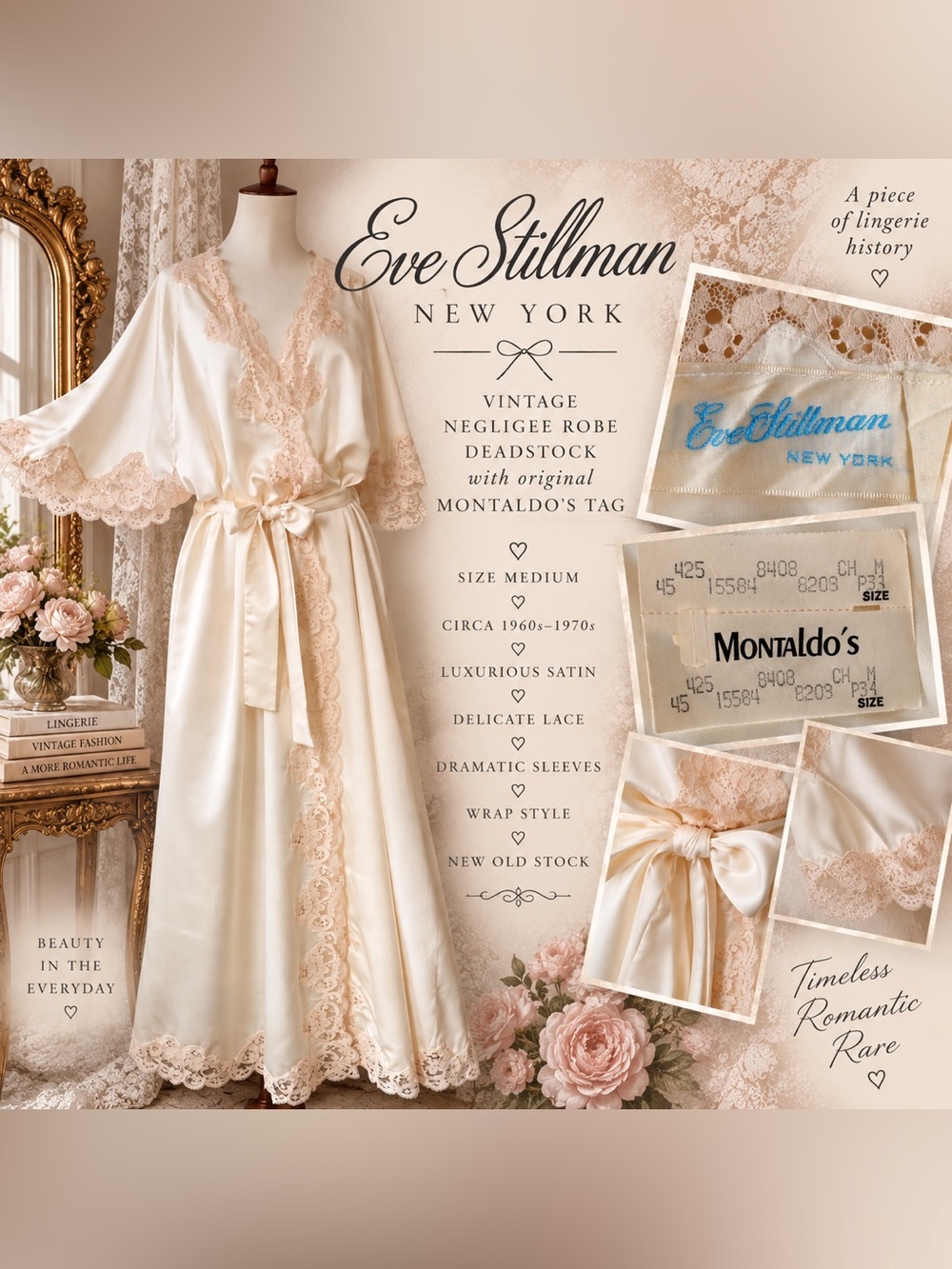 60s Deadstock Vintage Eve Stillman NY Satin Lace Negligee Robe Montaldo’s Medium